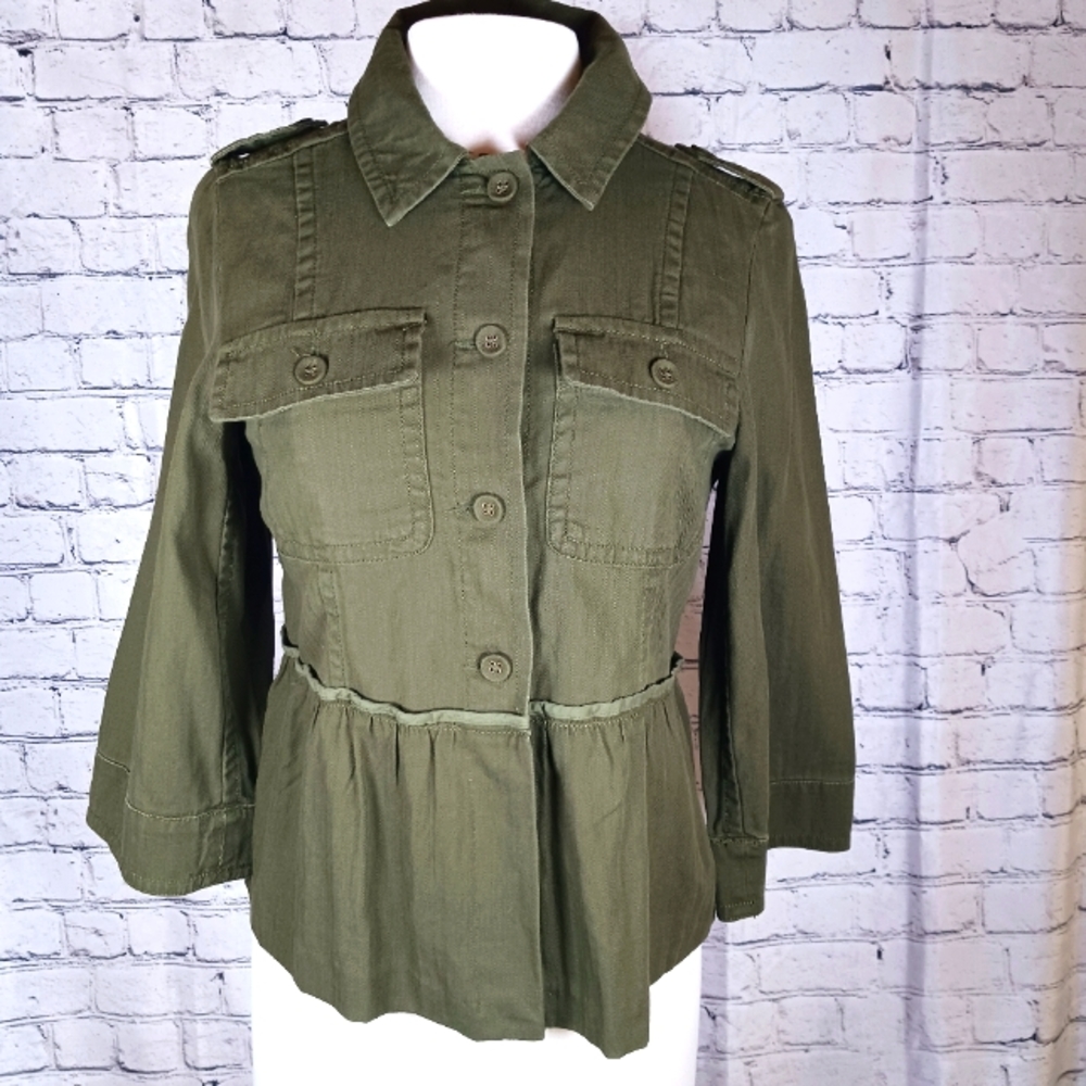 LOFT Womens M PETITE Peplum Jacket Olive Green Lightweight  NEW